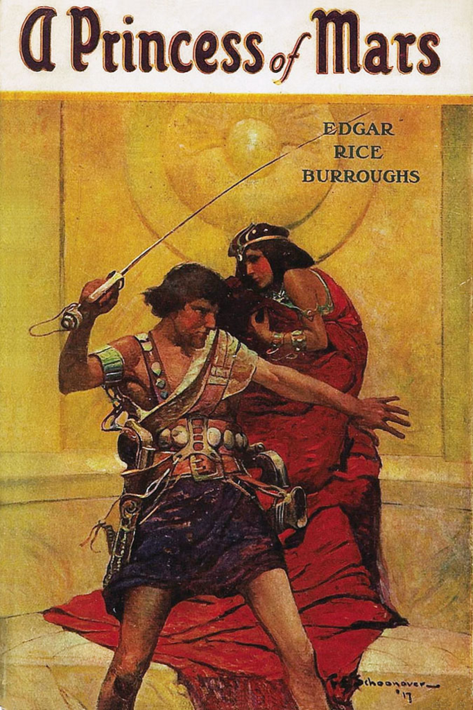 Novel cover of "A Princess Of Mars" by Edgar Rice Burroughs. Pictured are a man with a sword and a woman with a crown