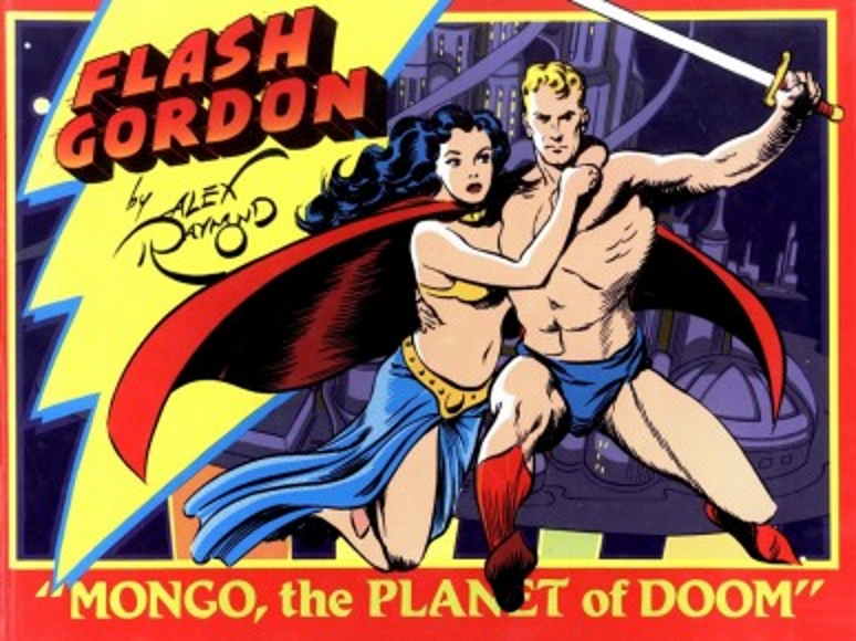 Promotional art for comic strip Flash Gordon by Alex Raymond. Subtitle: "Mongo, the planet of doom." Pictured are Flash Gordon, wielding a sword; and Dale Arden, wearing a cape