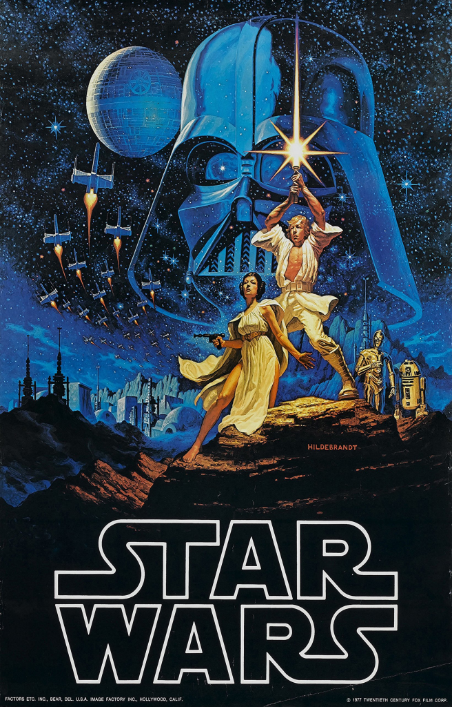 Poster of the 1977 movie Star Wars. Pictured are Luke Skywalker, wielding a laser sword; and Princess Leia Organa, brandishing a laser pistol
